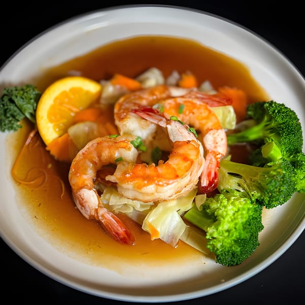 Siam Orchid's shrimp dish with broccoli, cabbage, carrots, and an orange slice in a savory sauce.