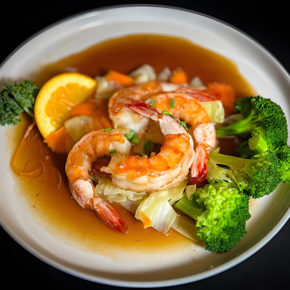 Siam Orchid's shrimp dish with broccoli, cabbage, carrots, and an orange slice in a savory sauce.